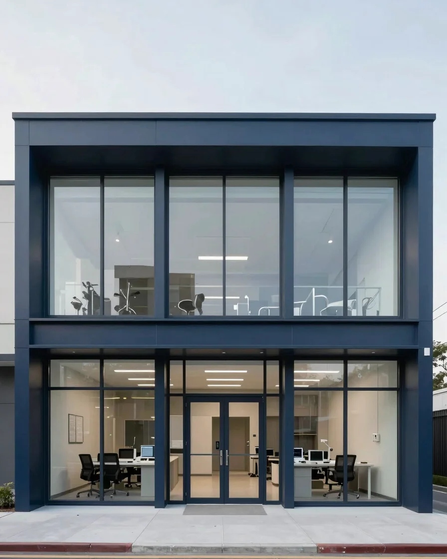 Architectural healthcare research facility with clean neutral daylight, deep navy structural accents, precise structured