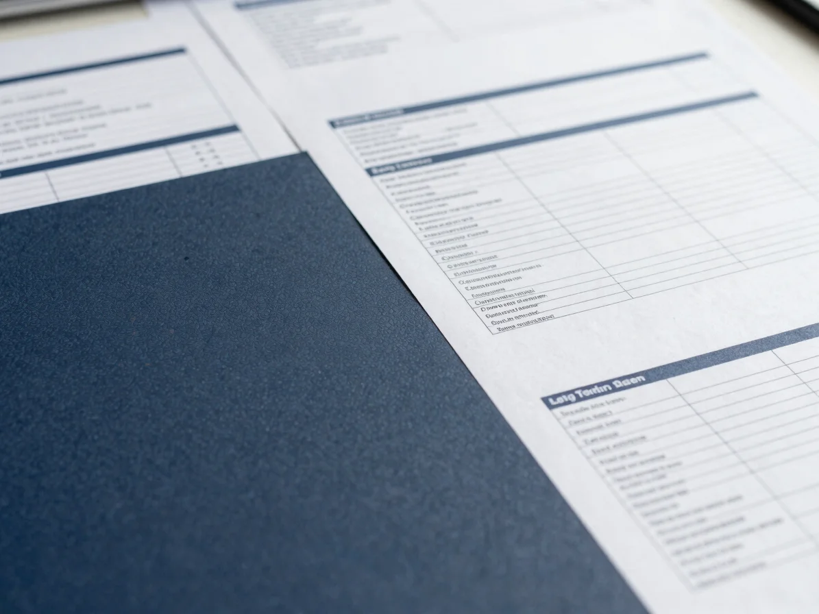 Close-up of structured technical documents and regulatory forms on a clean desk, sharp focus, cool neutral daylight, 35m
