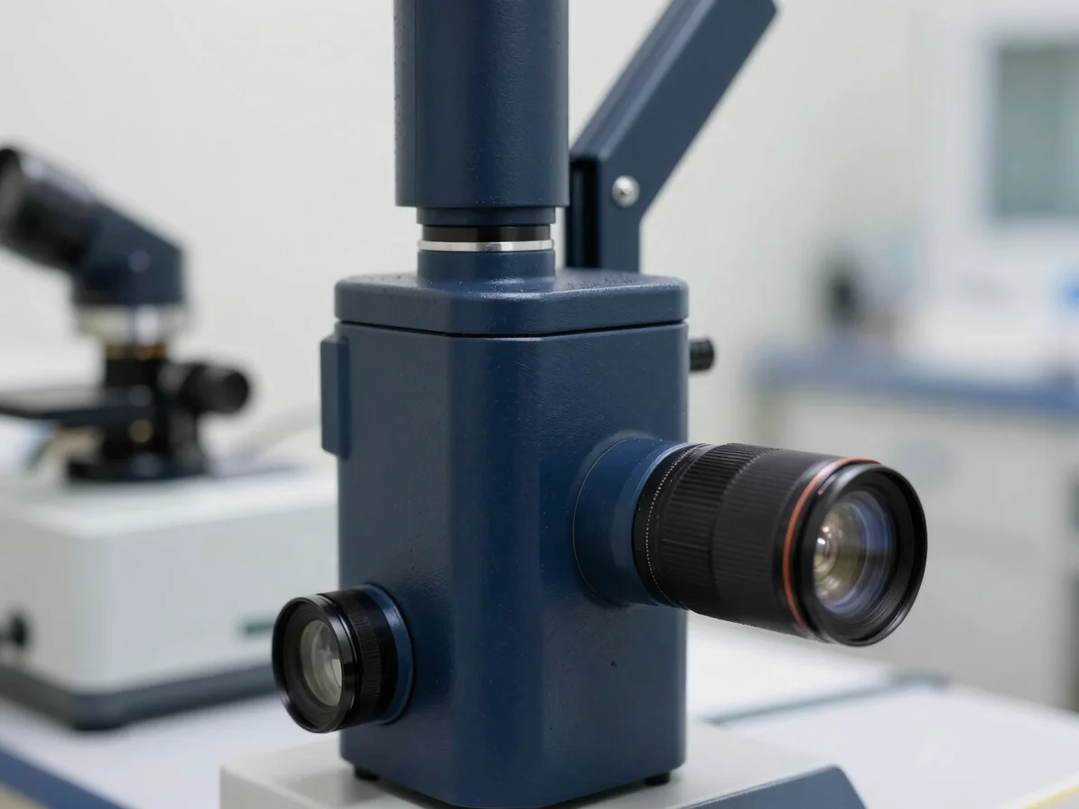 Close-up of a technical clinical research facility with precise equipment, bright neutral daylight, deep navy and slate